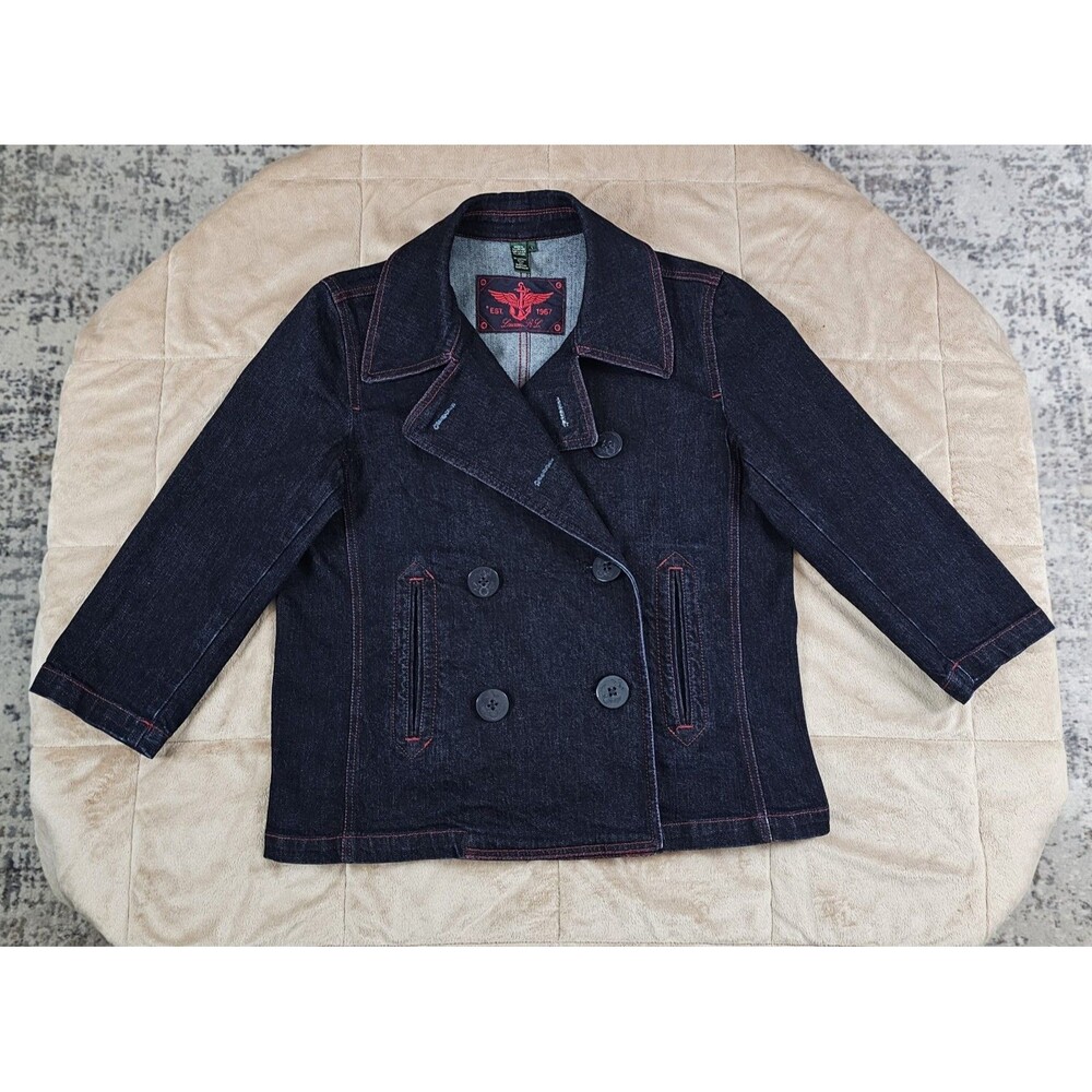 Lauren Ralph Lauren Denim Peacoat Jacket Womens L Navy Double Breasted Anchor
